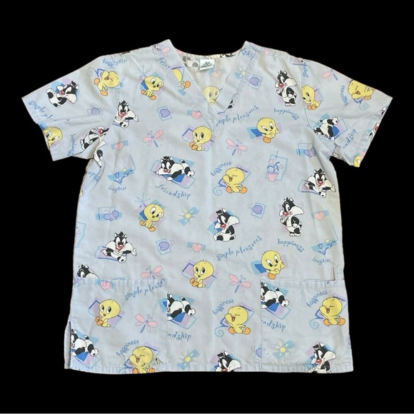 Vintage Tweety Bird Baby Looney Tunes All Over Women's Sz XL V-Neck Scrub Top - Picture 1 of 7